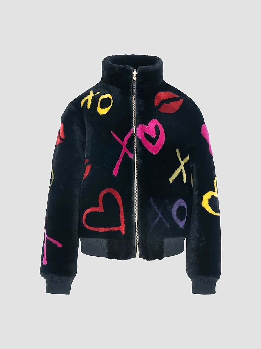 Gorski Women's Reversible Merino Lamb Bomber Coat - Black Multicolor - Size Large