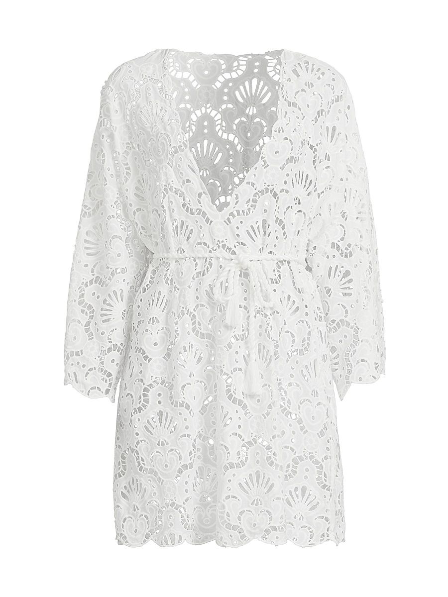 Women's Seashell Eyelet Cotton Cover-Up Minidress - White - Size Small