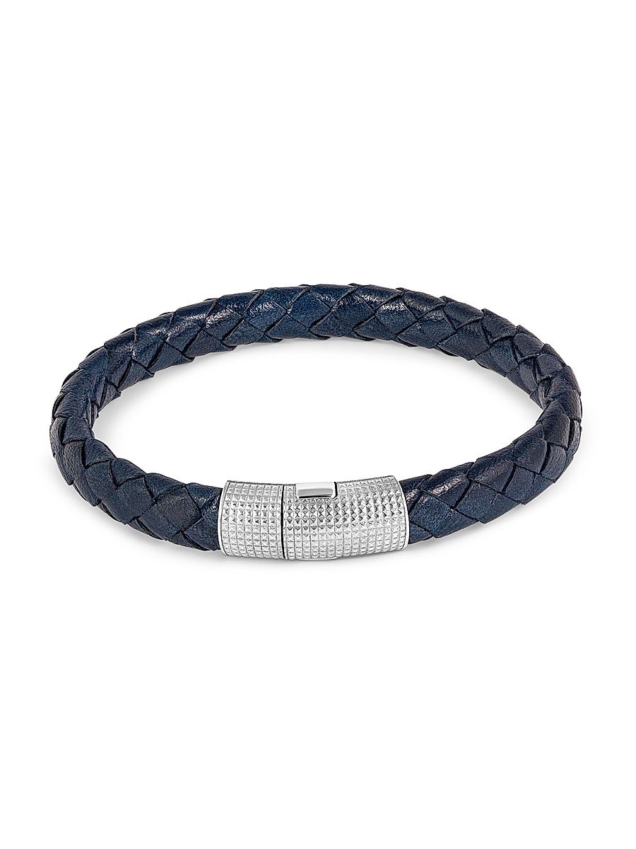 Men's Giza Cobra Pelle Sterling Silver & Leather Bracelet - Navy - Size Medium