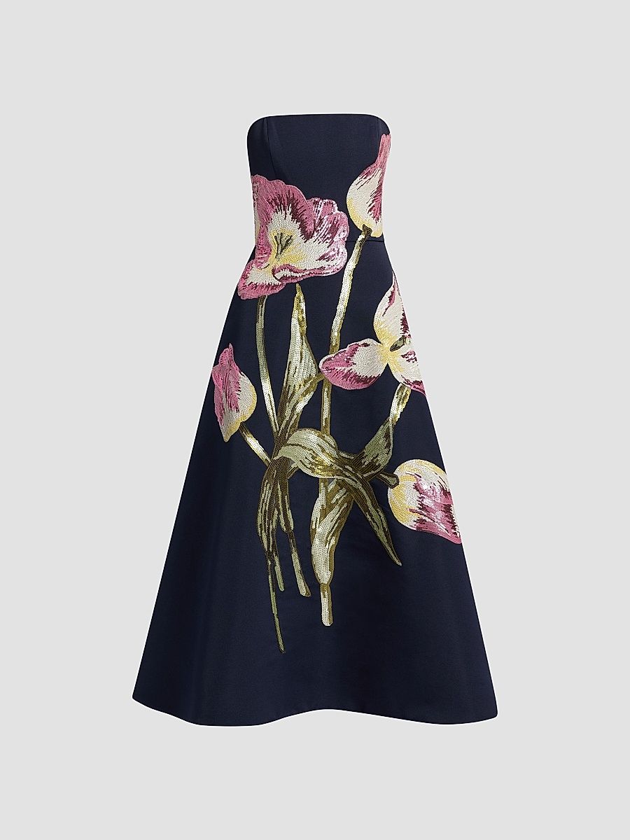 Amsale Women's Sequin Floral Strapless Cocktail Dress - Navy - Size 16
