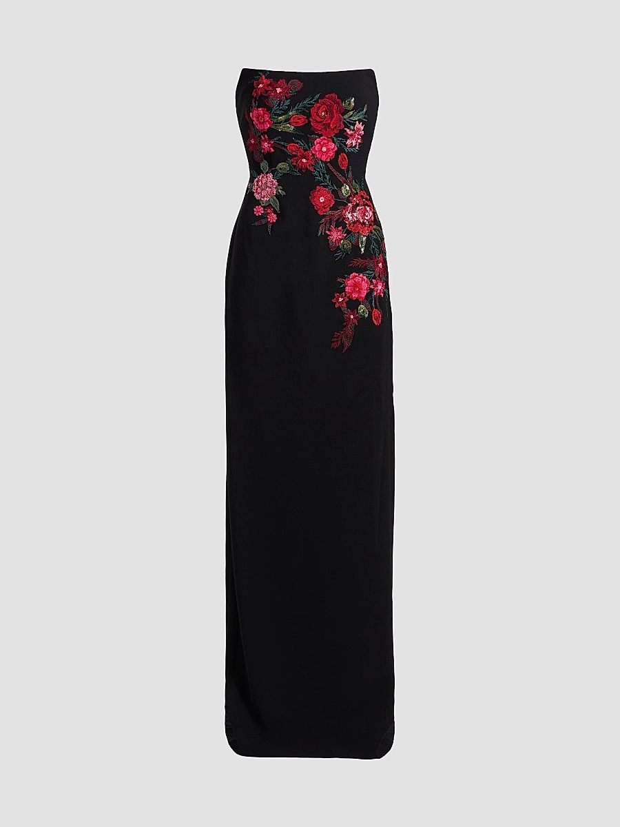 Rene Ruiz Collection Women's Embroidered Floral Crepe Strapless Column Gown - Black - Size 12