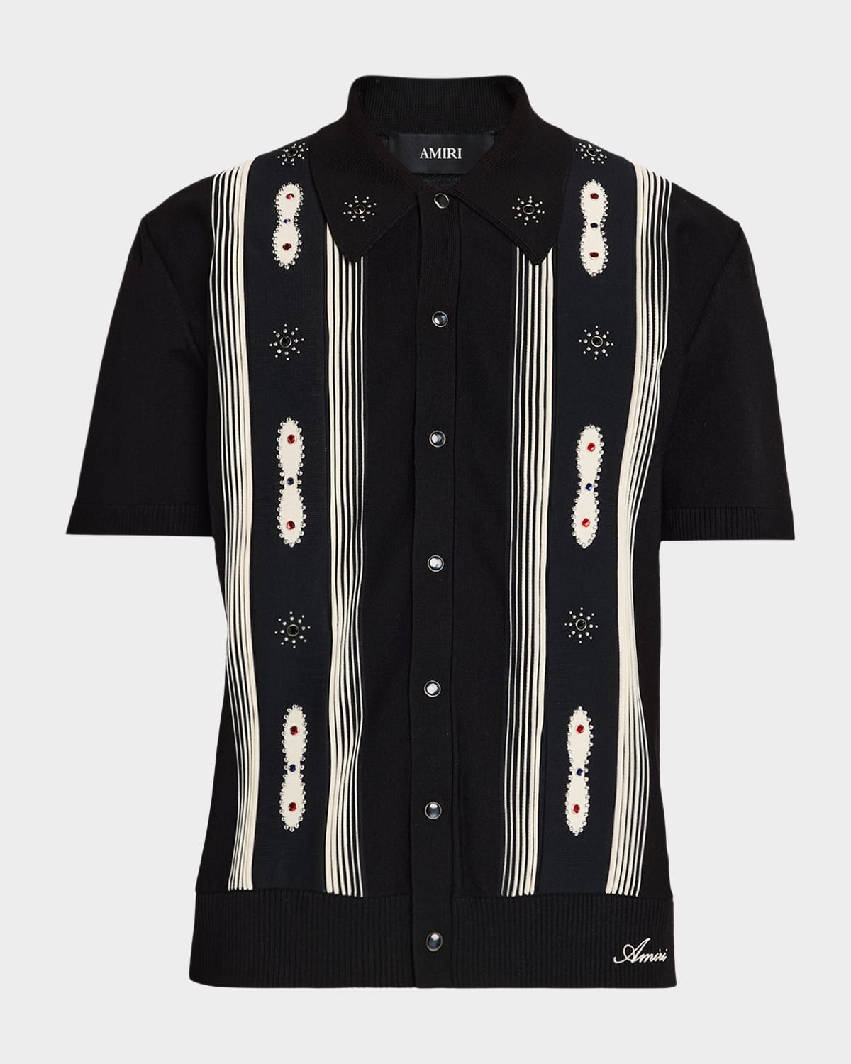 Men & apos;s Studded Stripe Wool Knit Short-Sleeve Shirt
