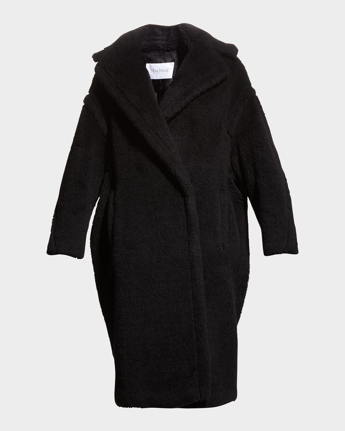 Alpaca-Silk Teddy Knit Coat, Black