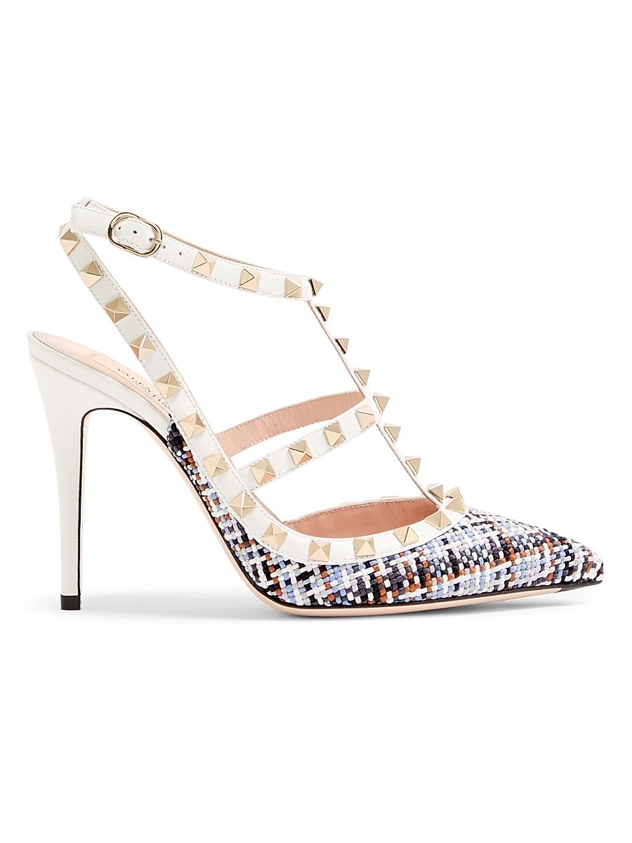 Women's Rockstud 100MM Pumps in Woven Fabric - White Multi - Size 10.5