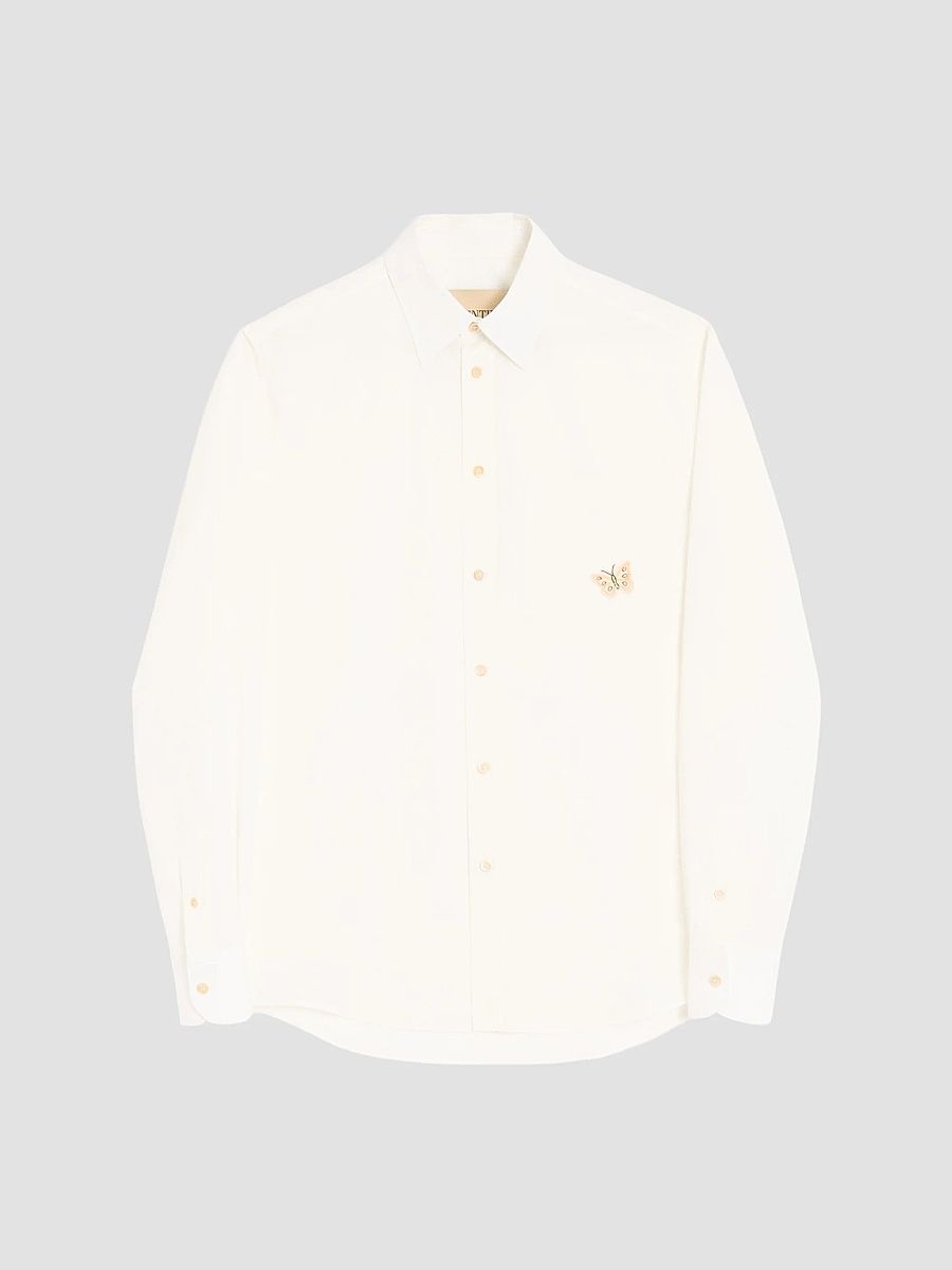 Men's Long-Sleeved Cotton Poplin Shirt with Embroidered Butterfly Patch - Beige - Size 19