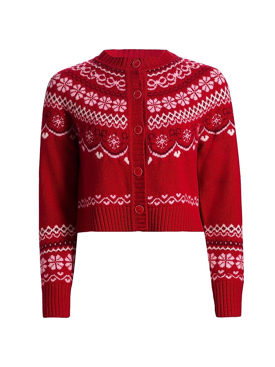 Women's Shantae Wool Fair Isle-Style Crop Cardigan - Red Velvet Truffle - Size Large