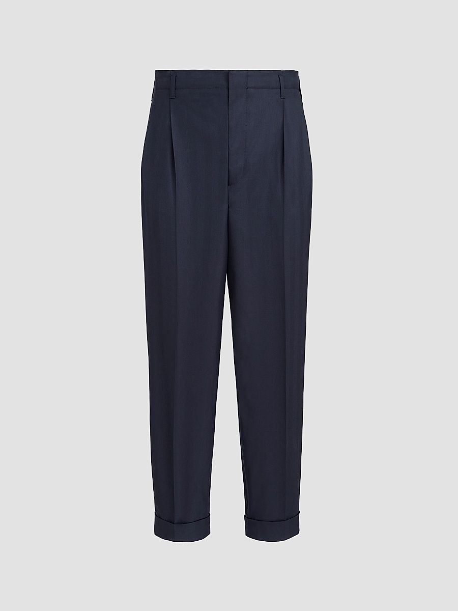 Men's Virgin Wool Chevron Trousers with Double Pleats - Navy Blue - Size 32