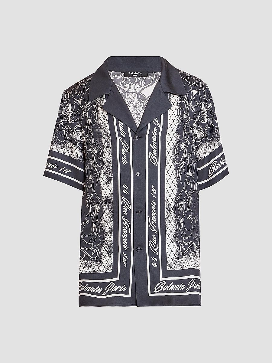 Balmain Men's Foulard Satin Camp Shirt - Gris Fonce Blanc - Size XL