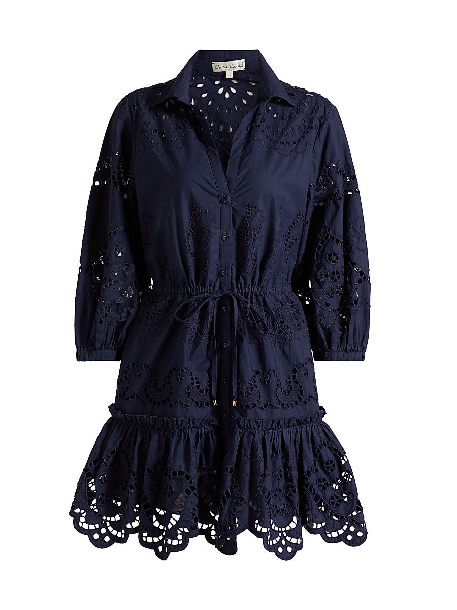 Women's Robin Lace Puff-Sleeve Shirtdress - Navy Embroidered Eyelet - Size Large