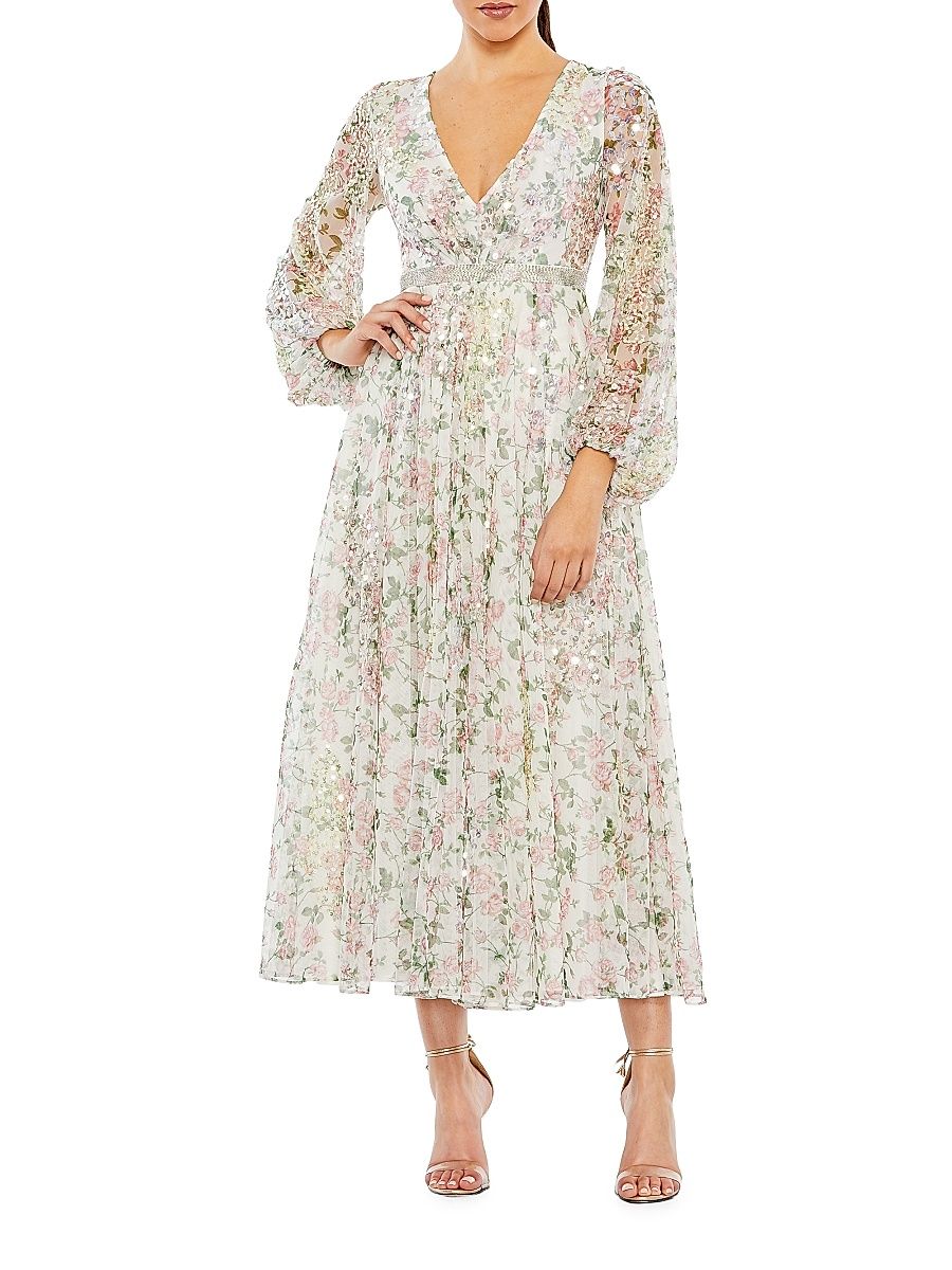 Women's Cocktail Floral Midi-Dress - White Multi - Size 10