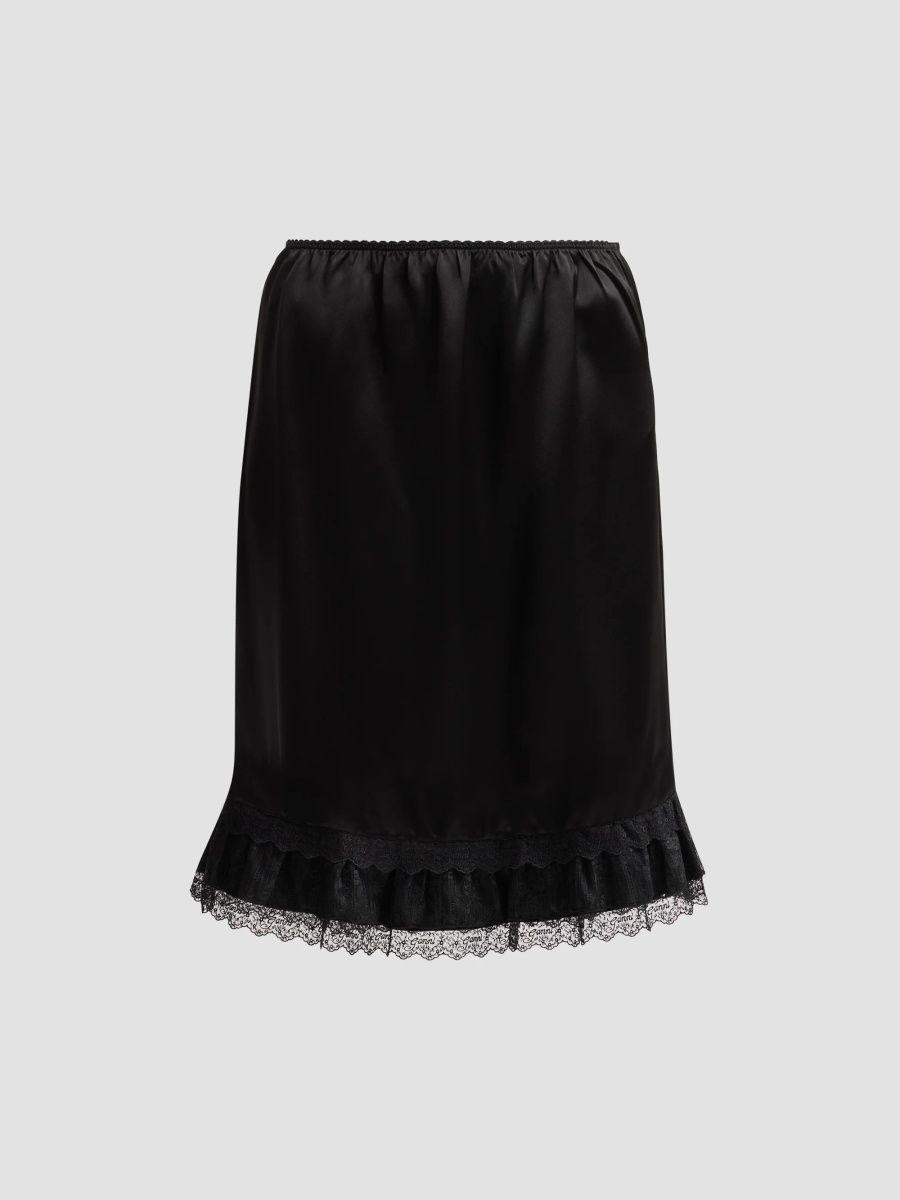 Ganni Women's Fluid Satin Knee-Length Frill Skirt - Black - Size 14