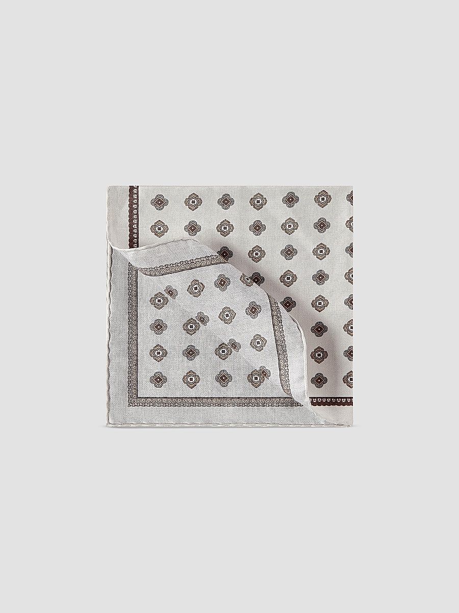 Brunello Cucinelli Men's Silk Pocket Square with Medallion Design - Beige