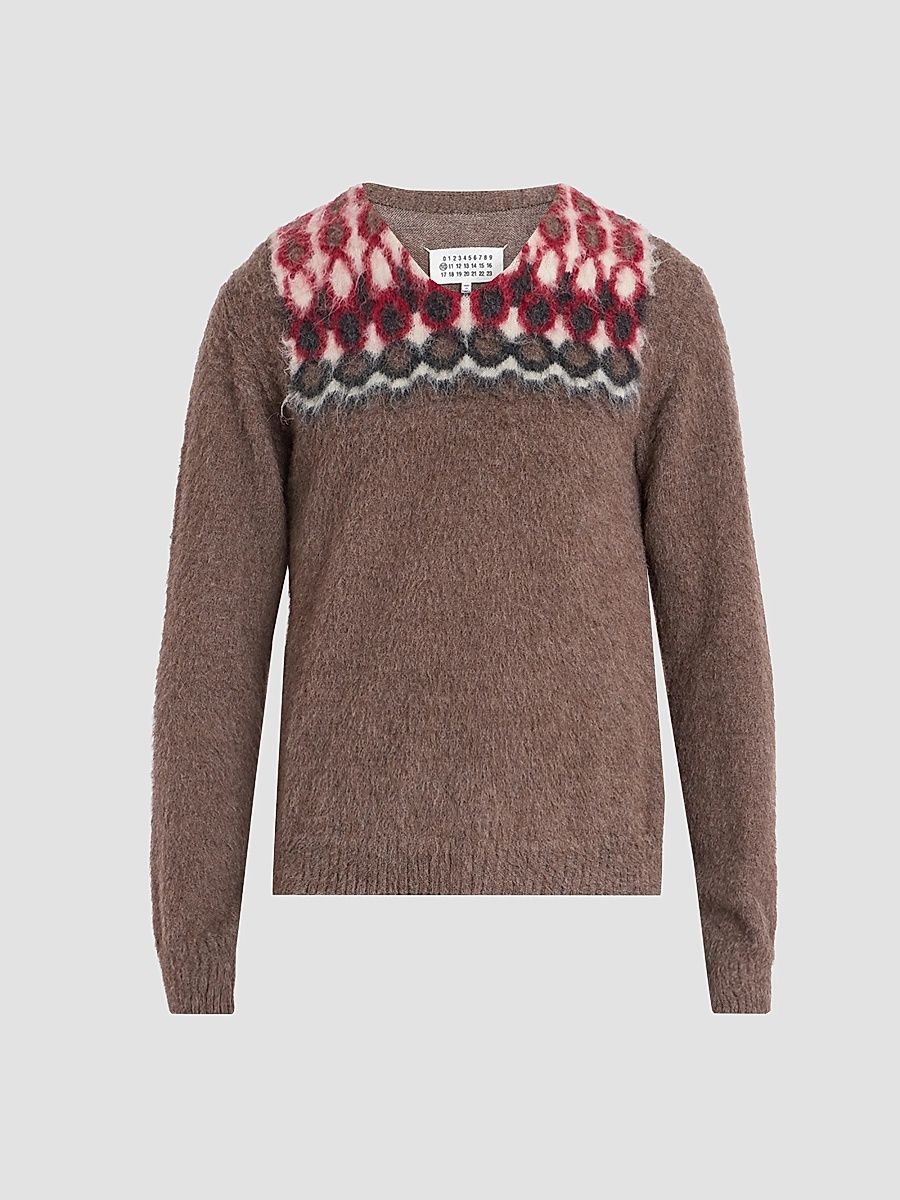 Men's Fair Isle-Inspired Wool-Alpaca V-Neck Sweater - Brown - Size XL