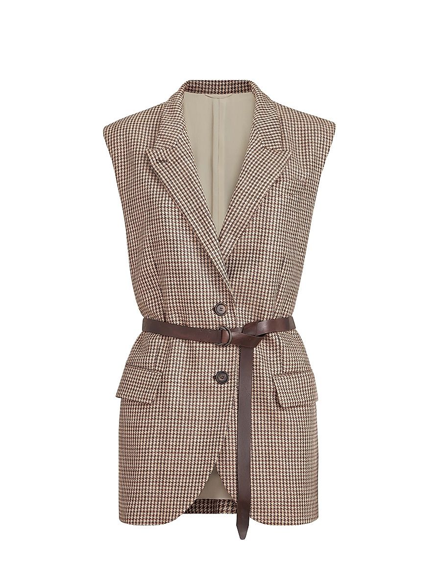 Women's Sparkling Virgin Wool Houndstooth Vest with Leather Inserts, Belt and Monili - Brown - Size 14