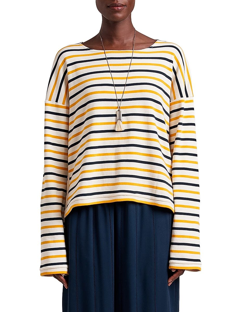 Women's LS Breton T-Shirt - Ecru Mustard Navy - Size XS