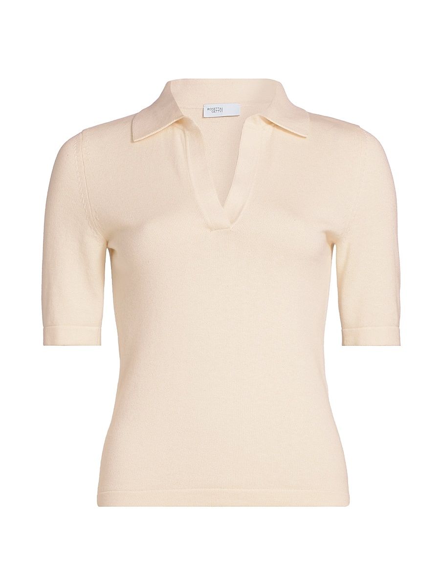Women's Cotton-Cashmere Short-Sleeve Polo Sweater - Ivory - Size Medium