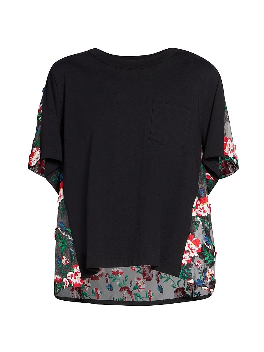 Women's Floral Cotton Oversized T-Shirt - Black - Size XL