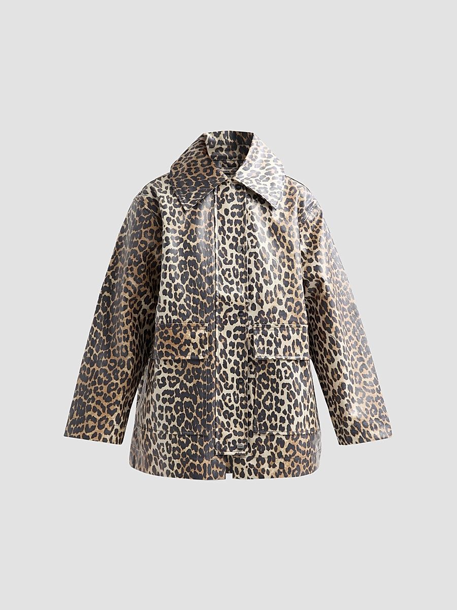 Women's Laminated Leopard-Print Cotton Canvas Jacket - Almond Milk - Size XXS