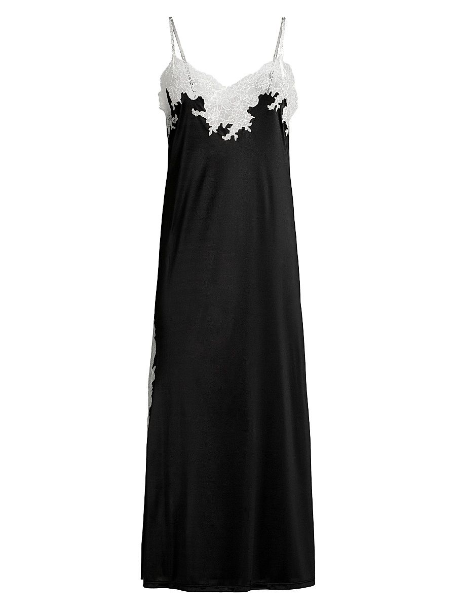 Women's Contrast Lace-Trim Nightdress - Black Ivory - Size XS