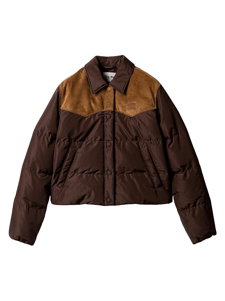 Women's Technical Pongé and Leather Down Jacket - Brown - Size 10