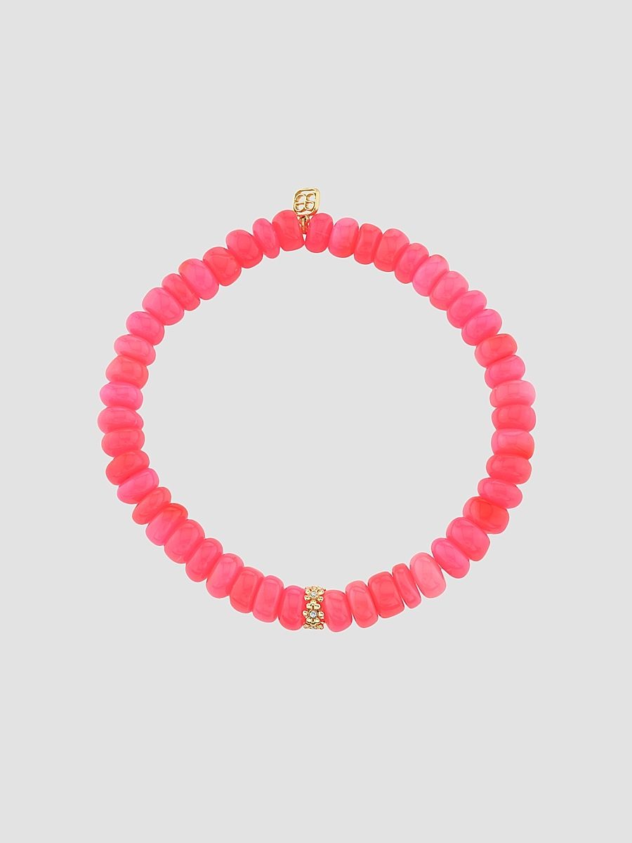 Women's 14K Yellow Gold, Hot Pink Ethiopian Opal & 0.02 TCW Diamond Beaded Stretch Bracelet - Gold
