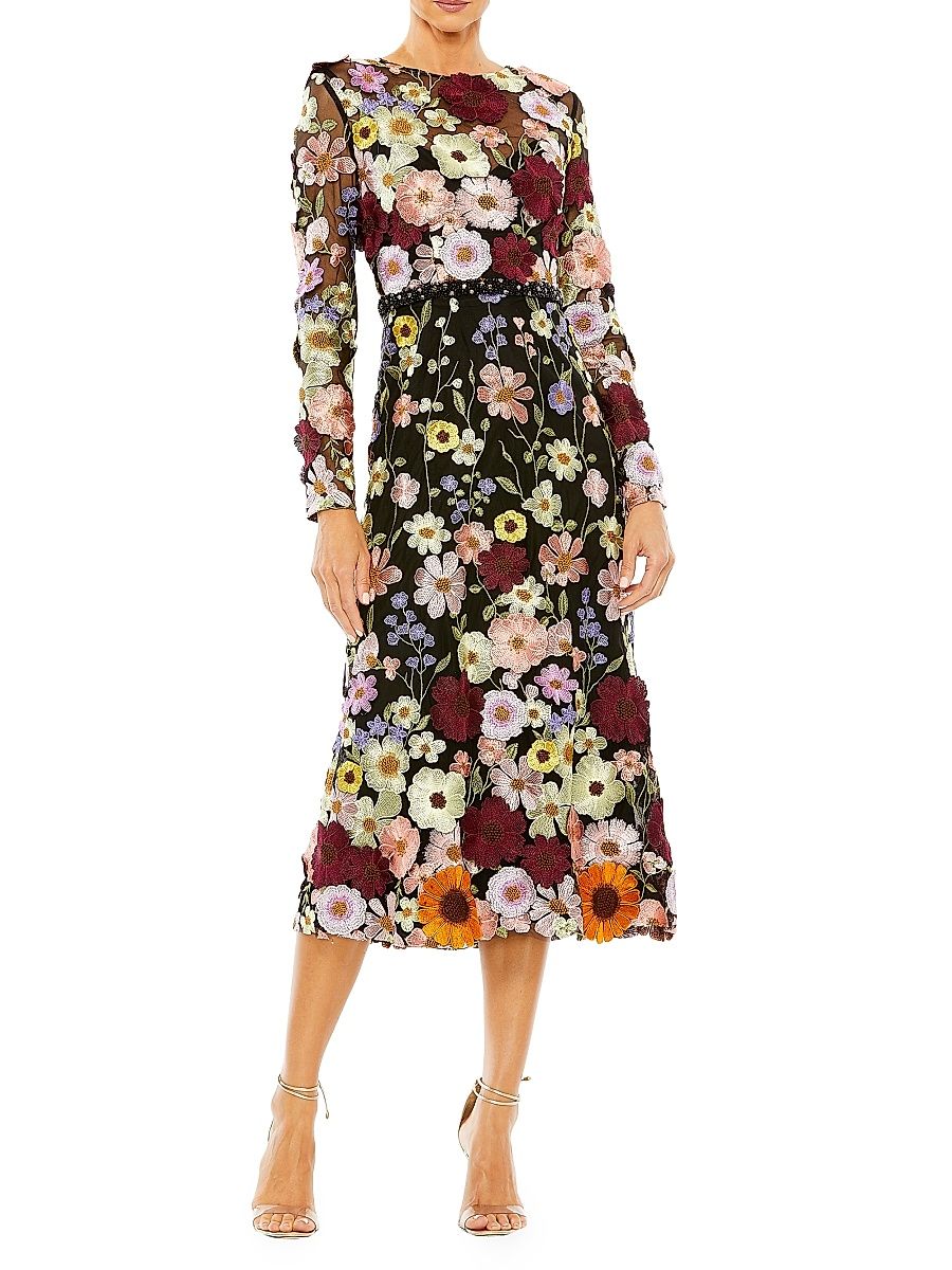 Women's Mac Floral Embroidered Midi-Dress - Black Multi - Size 18