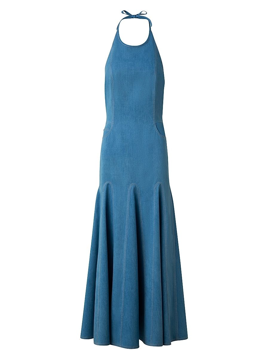 Women's Halter Denim Godet-Skirt Midi-Dress - Medium Blue Denim - Size 12