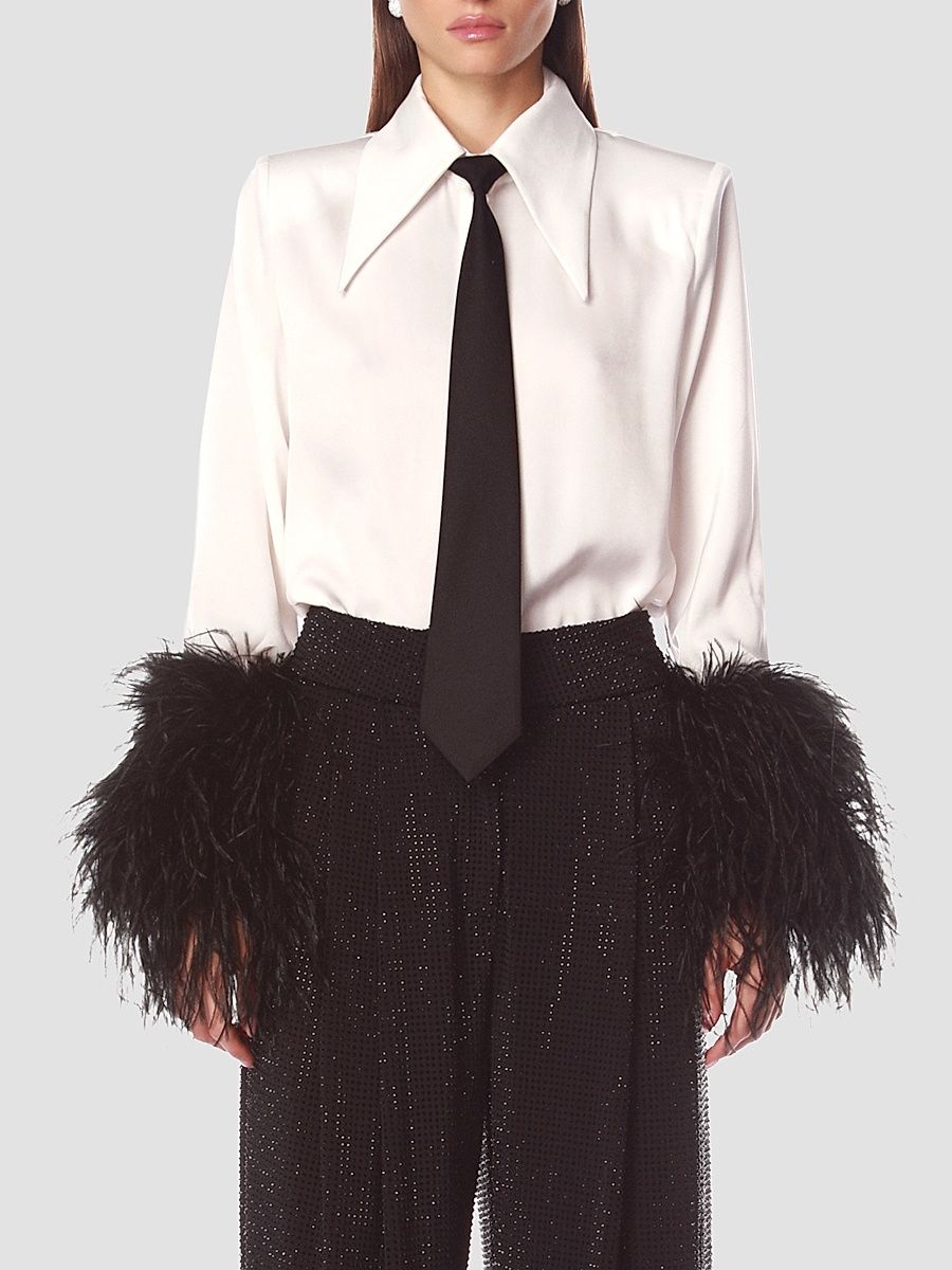 Women's Tie Feather-Cuff Shirt - White - Size Large