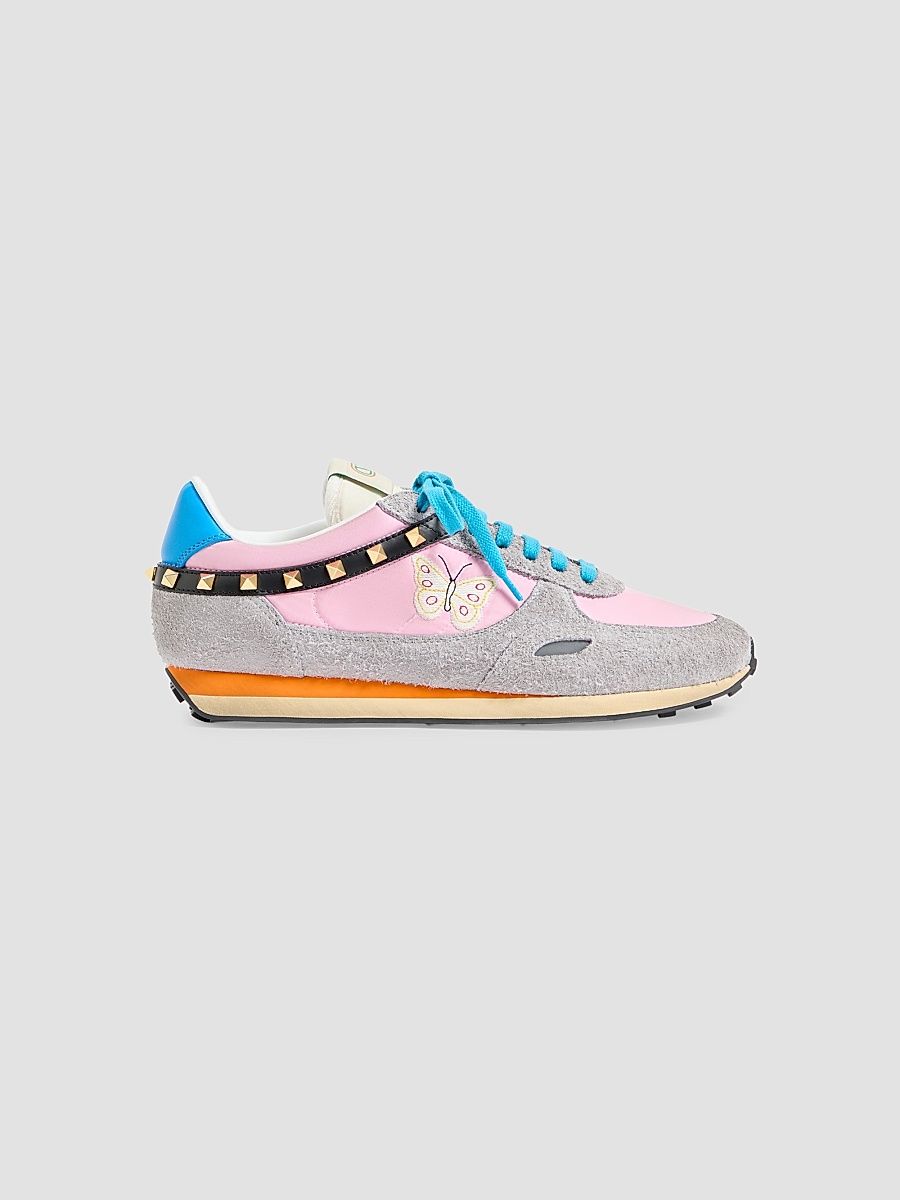 Men's Stud Up Sneaker in Split Leather and Nylon with Butterfly Embroidery - Pink Multicolor - Size 10