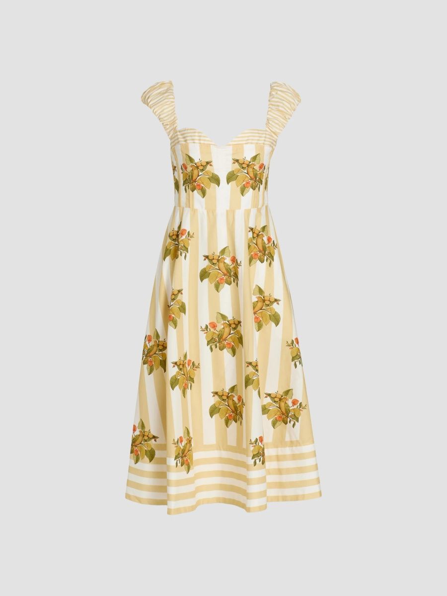 Farm Rio Women's Lemon Birds Sweetheart Neck Midi Dress - Yellow - Size XL