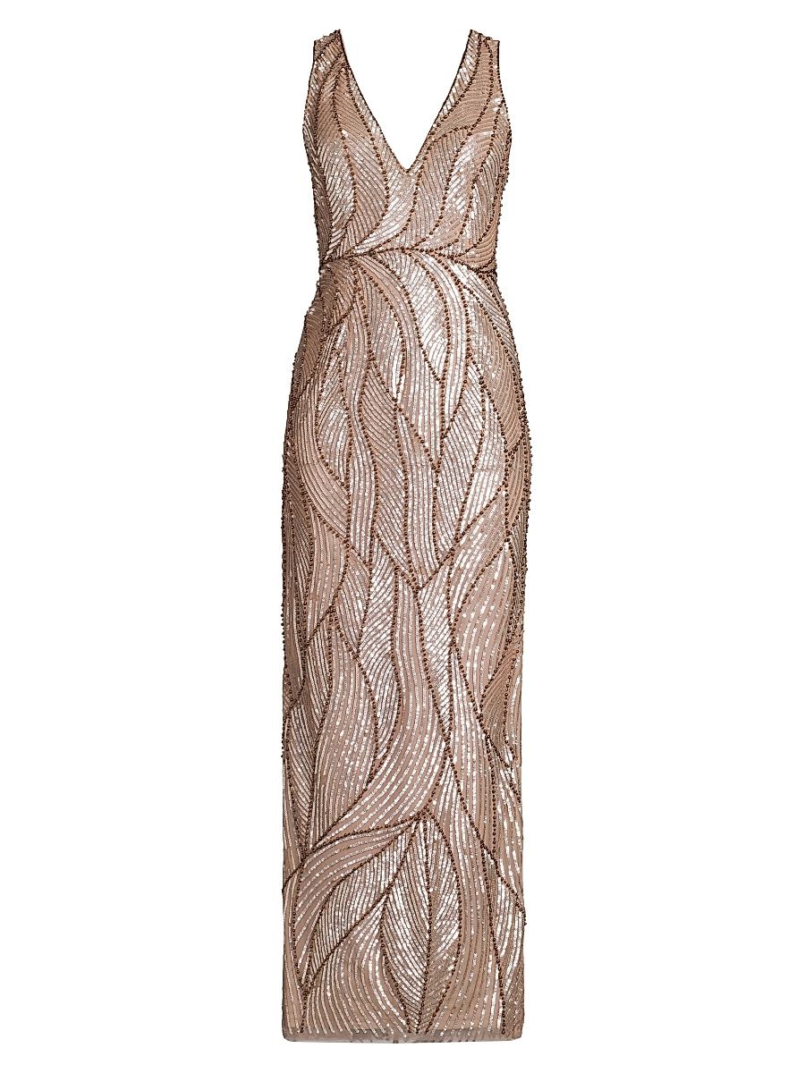 Women's Embellished V-Neck Column Gown - Rose Gold - Size 10