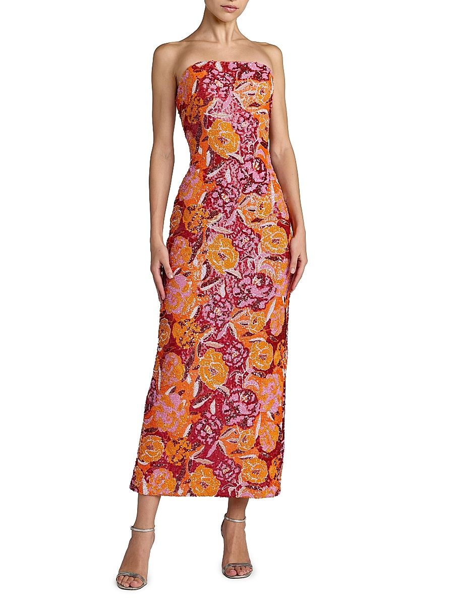 Women's Floral Sequin-Embellished Column Midi-Dress - Tangerine Multi - Size 12