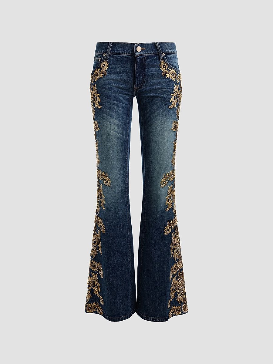 Women's Emryn Embellished Ultra Low-Rise Relaxed Flared Jean - Georgetta Vintage Blue - Size 25