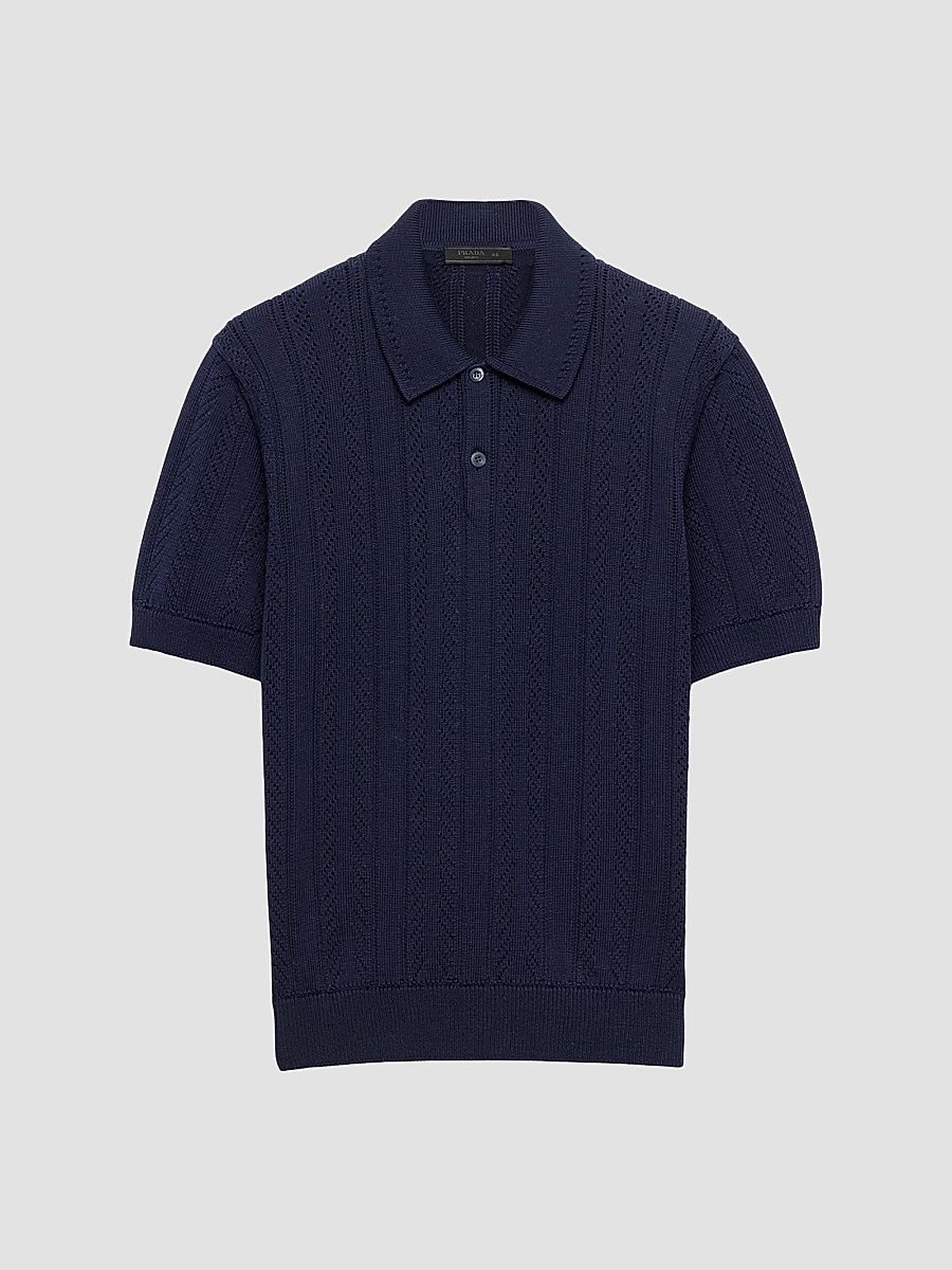 Men's Short-Sleeved Openwork Cotton Polo Shirt - Blue - Size 48