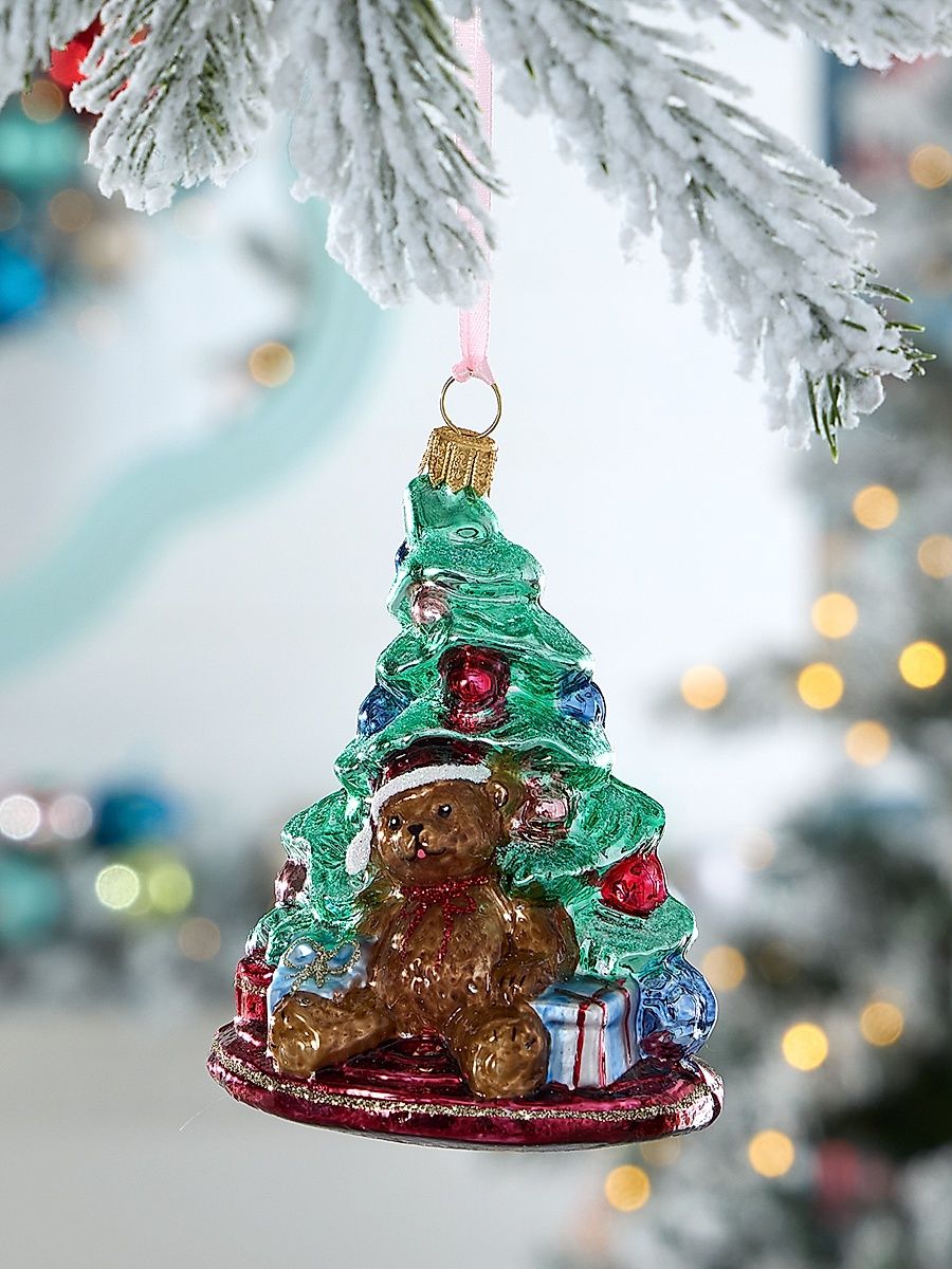 Teddy Bear Sitting By The Christmas Tree Glass Ornament
