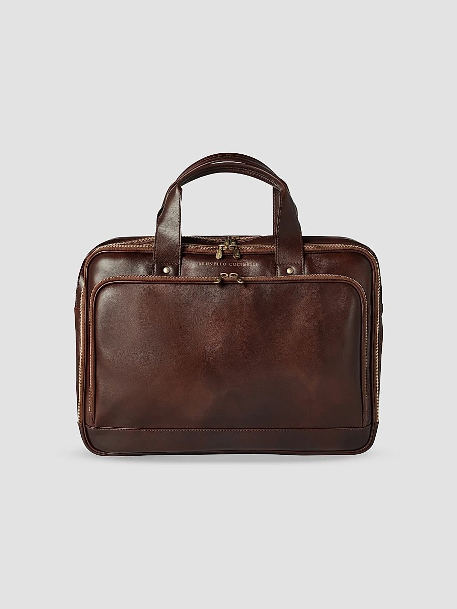 Men's Calfskin Briefcase with Zipper - Brown