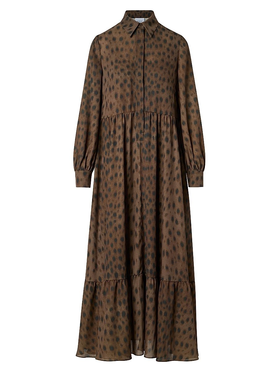 Women's Leopard Georgette Maxi Shirtdress - Hazel Bark - Size 8