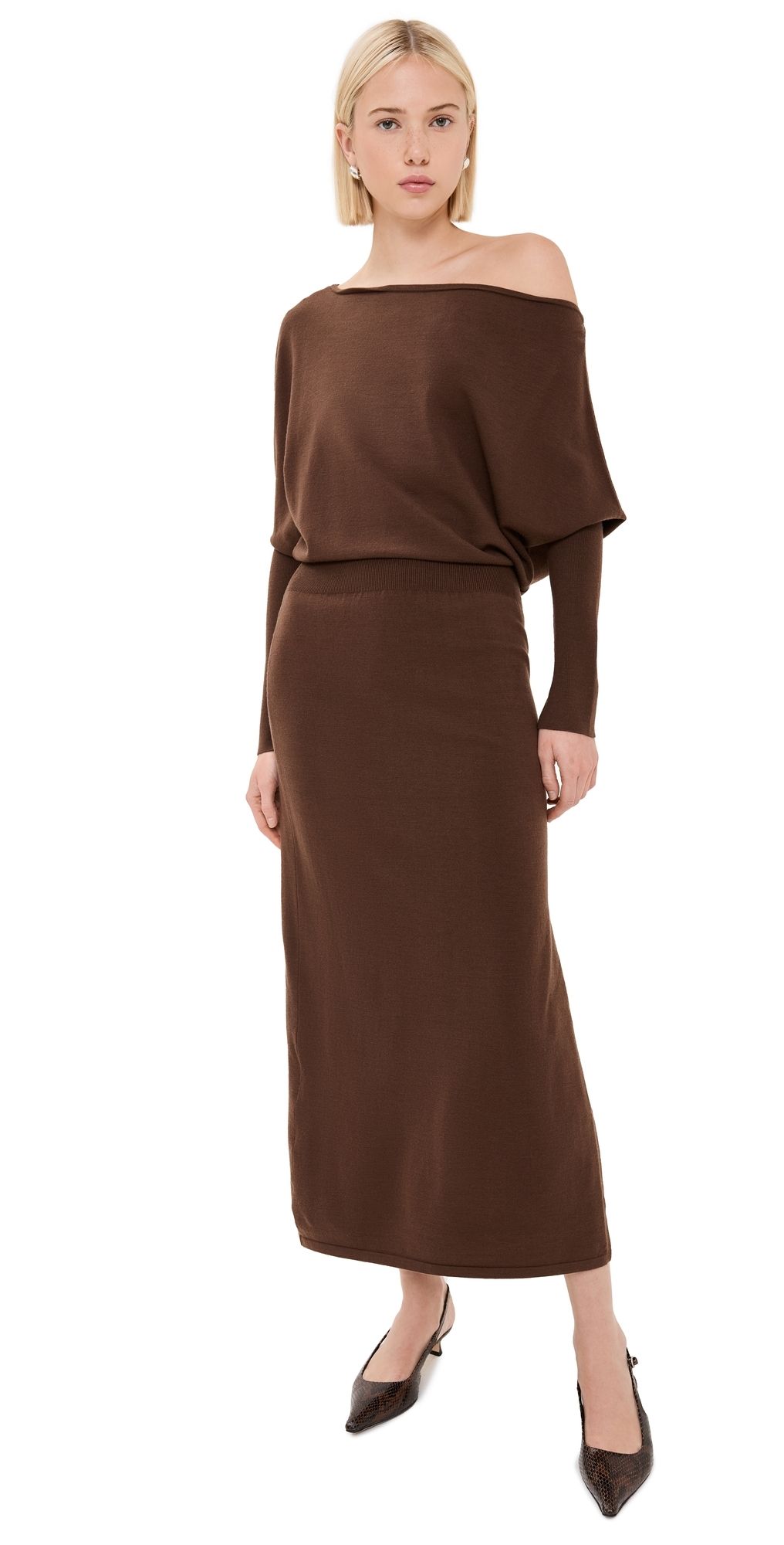 SIMKHAI Janese Off Shoulder Midi Dress Chocolate S