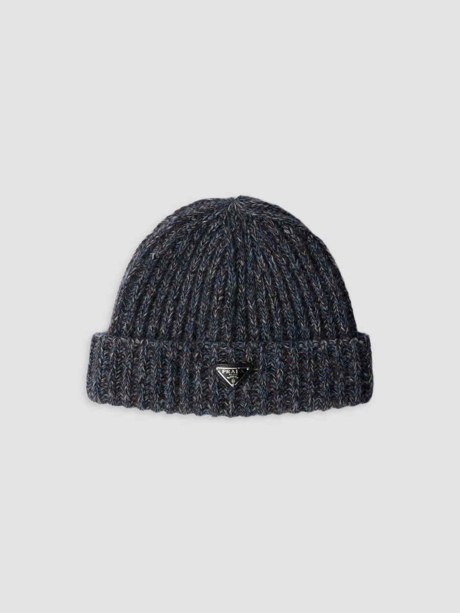 Prada Men's Mouliné Cashmere and Wool Beanie - Blue - Size Large