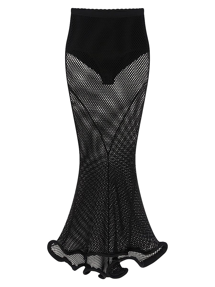 Women's Midi Kickback Skirt in Mesh - Black - Size Large