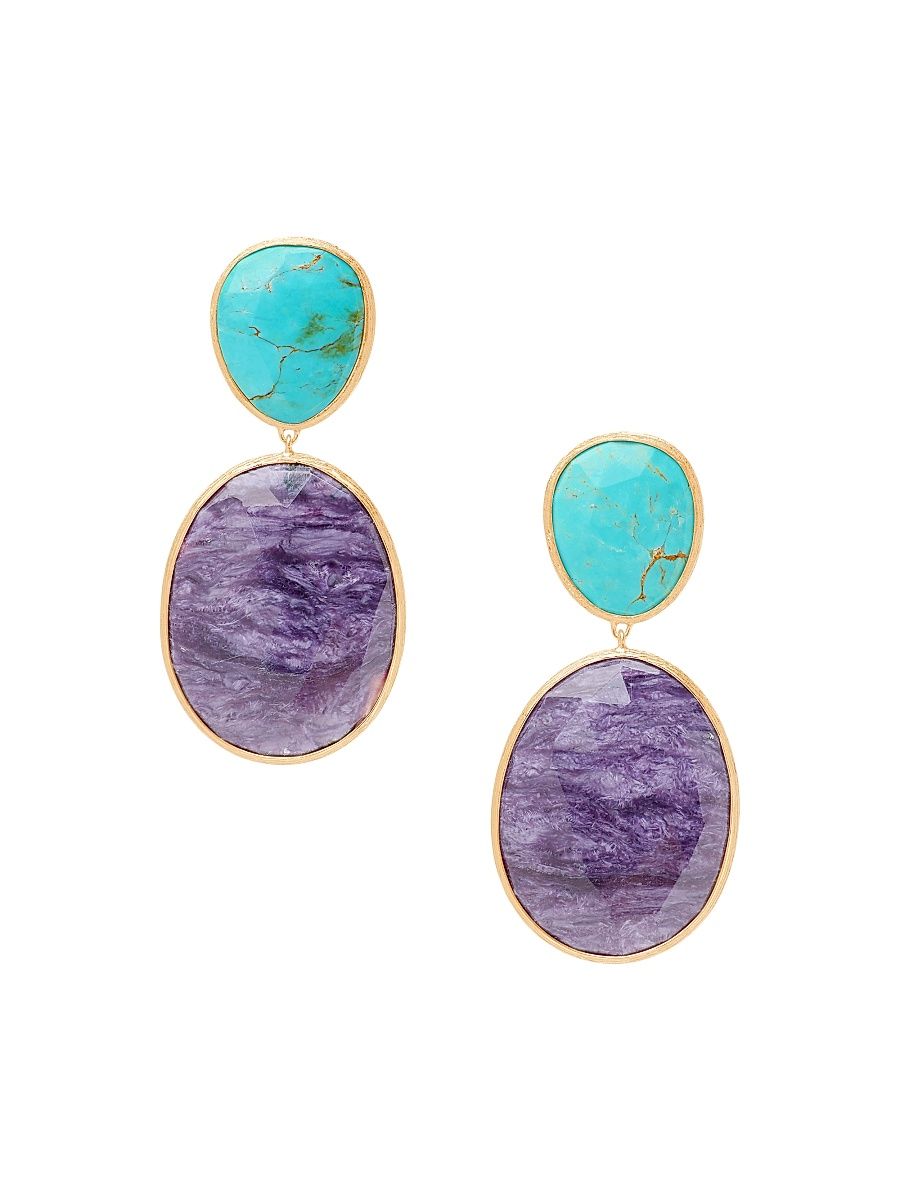 Women's Lunaria Color 18K Yellow Gold, Charoite & Turquoise Double Drop Earrings - Yellow Gold
