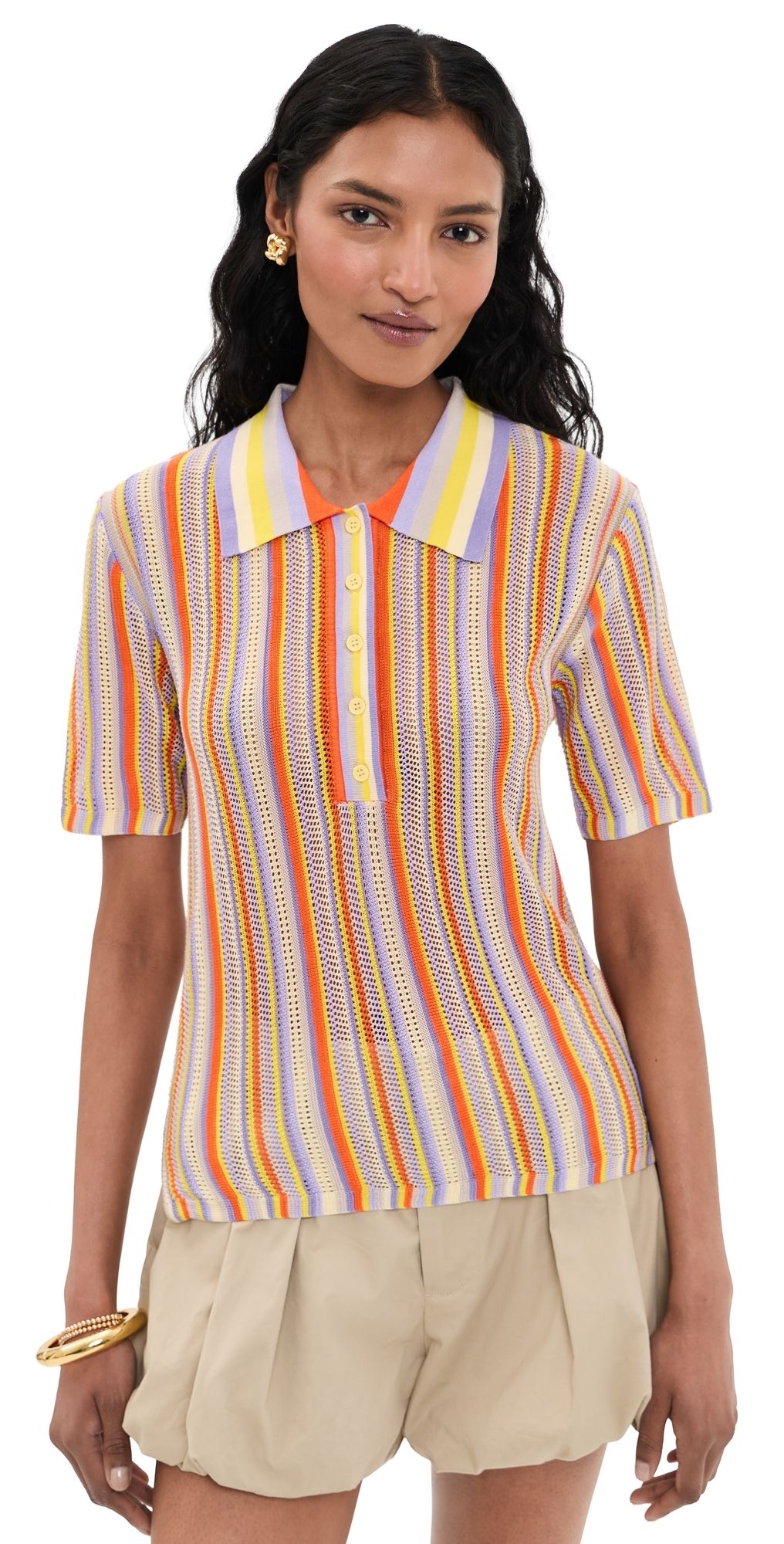 Susana Monaco Stripe Sweater Collar Shirt Apricot/Potion XS