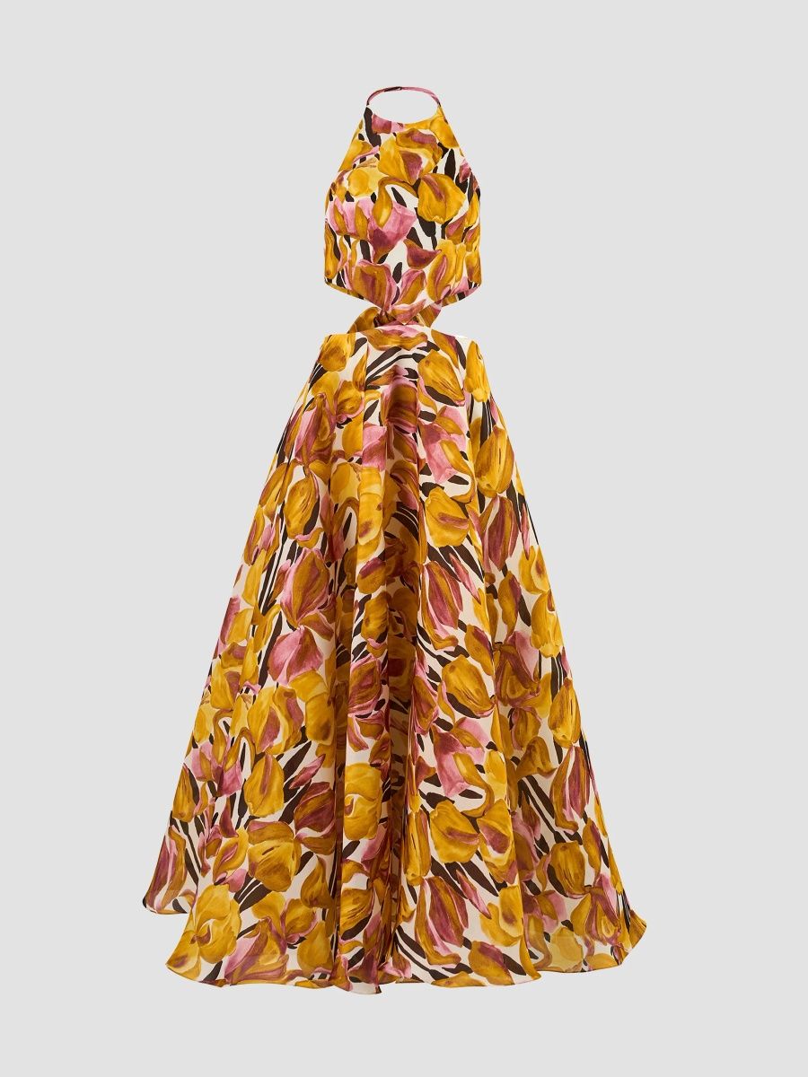 Carolina Herrera Women's Floral Cut-Out Halterneck Floor-Length Dress - Melon Multi - Size 10