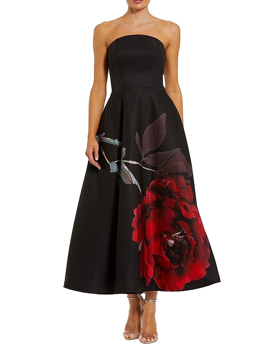 Women's Floral Crepe Strapless Cocktail Dress - Black Rose - Size 16