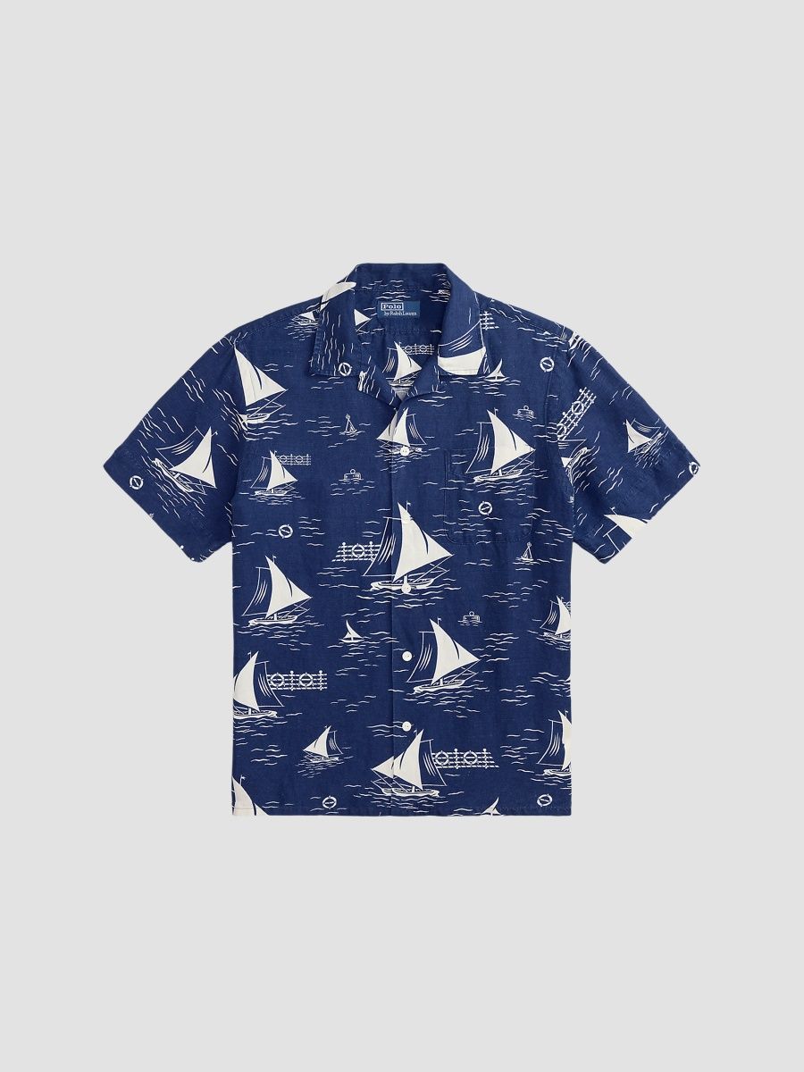 Polo Ralph Lauren Men's Sailboat-Print Linen-Silk Camp Shirt - All Over Sailboats - Size XXL