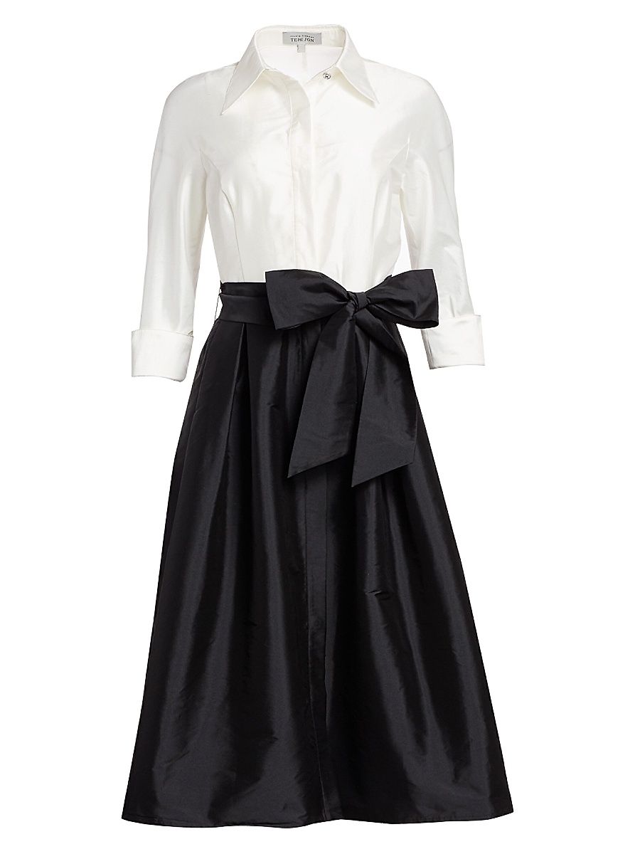Women's Two-Tone Collared Taffeta Gown - Black White - Size 16