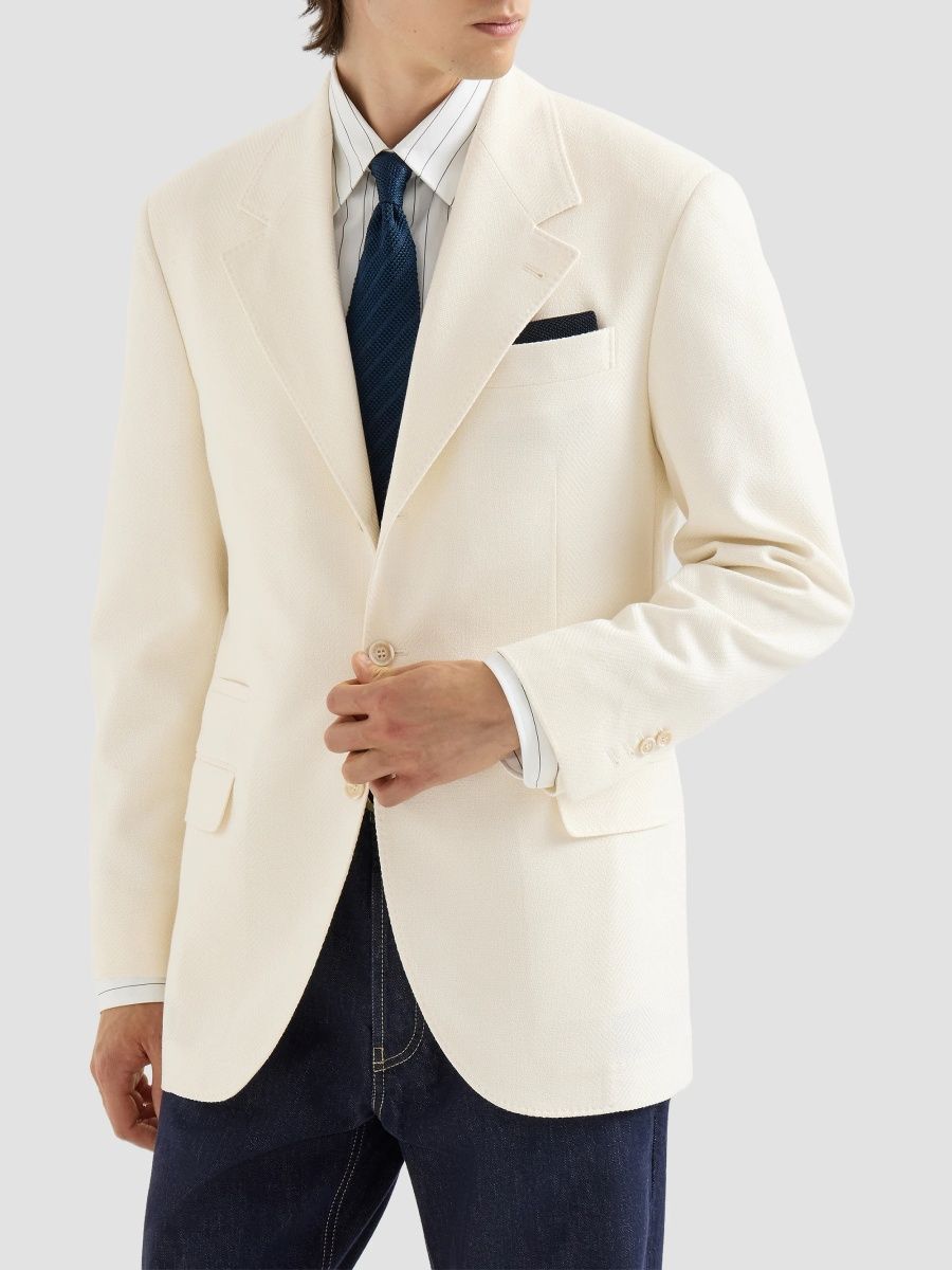 Brunello Cucinelli Men's Virgin Wool and Cotton Chevron Tailor Blazer - Panama - Size 48