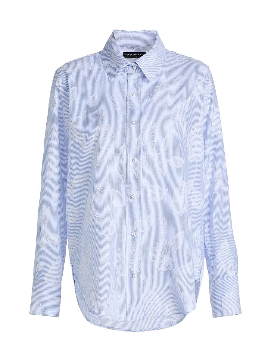 Women's Malinda Floral Stripe Cotton Shirt - Light Blue White - Size XL