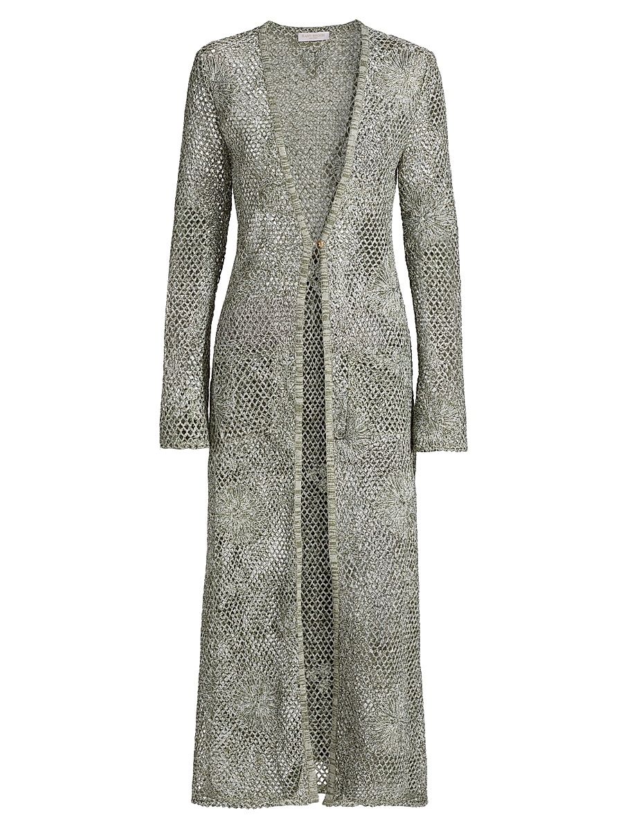 Women's Liana Embroidered Open-Knit Duster - Olive Crochet - Size XS