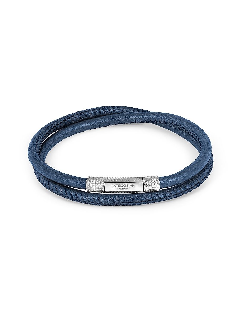 Men's Leather Wrap Giza Clasp Bracelet - Bluerhodium - Size Large